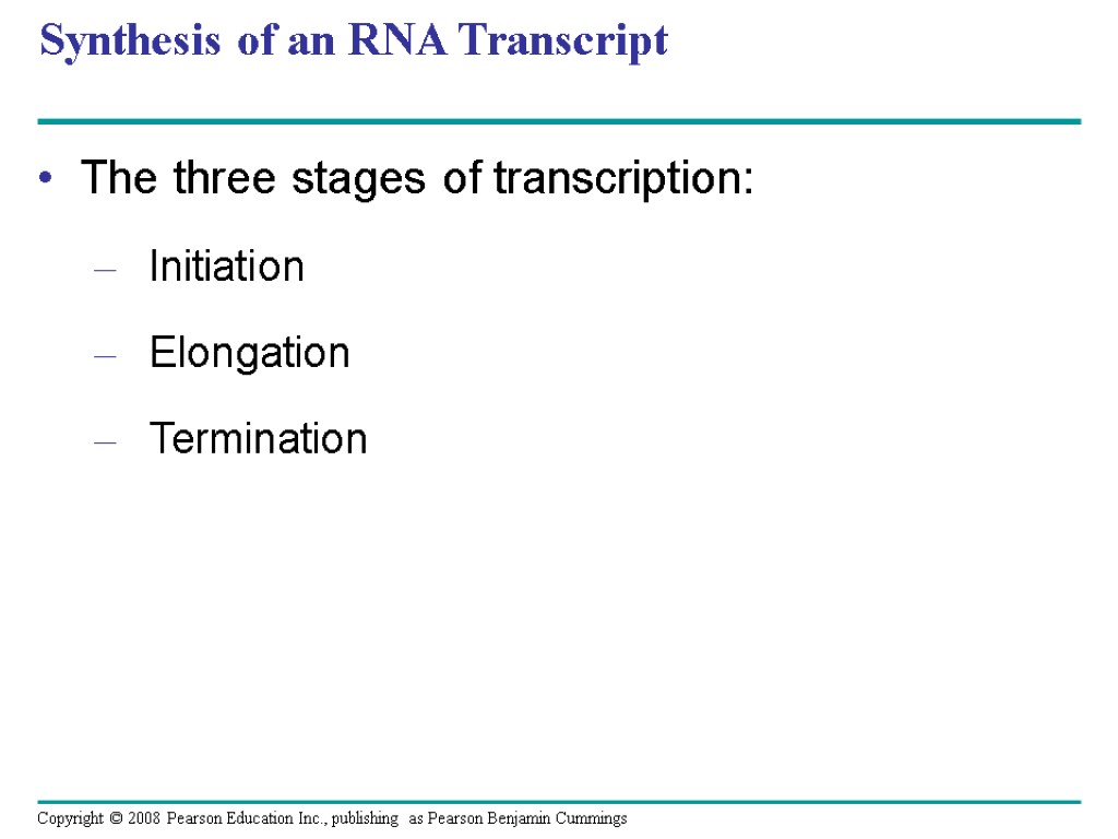 Synthesis of an RNA Transcript The three stages of transcription: Initiation Elongation Termination Copyright